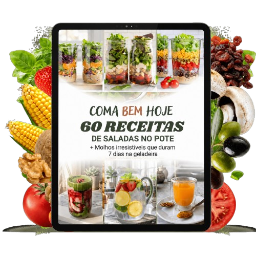 Tablet com 60 receitas de saladas no pote cercado por ingredientes frescos
